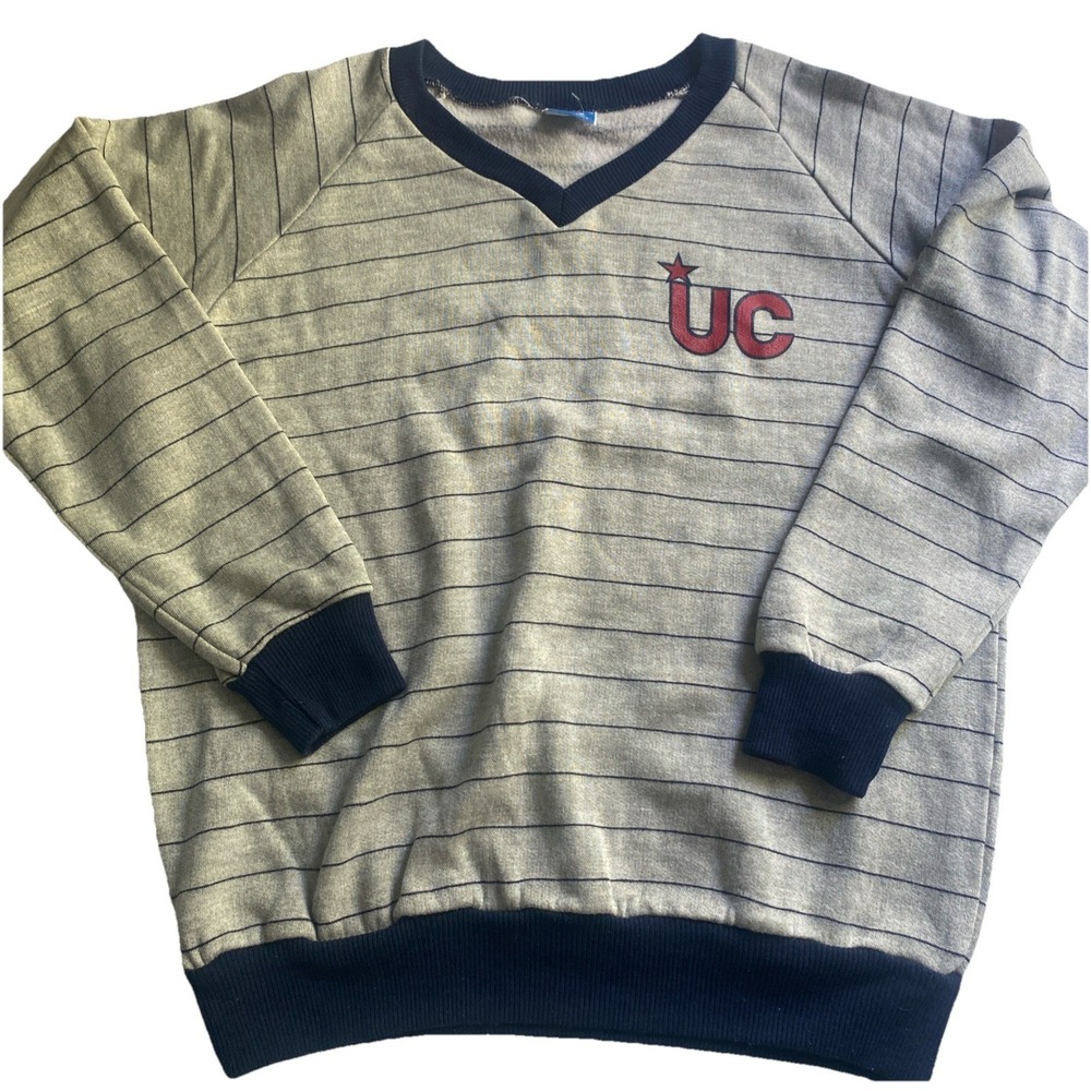 Vintage Champion Men's Sweater Large UC Gray Striped V-Neck Pullover Flaws